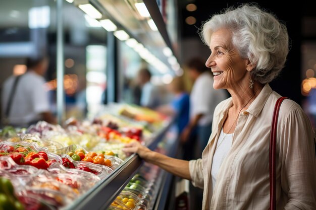 Foto oudere vrouw die voedsel koopt in een supermarkt