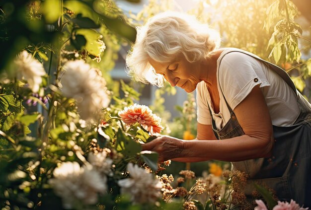 oudere vrouw die voor haar tuin zorgt en haar bloemen verwennen op een zonnige dag