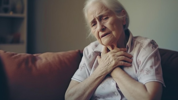 Oudere vrouw een vreselijk hartzeer terwijl ze op de bank ligt, ouder wordende gezondheidsproblemen en een lage kwaliteit van leven De generatieve AI