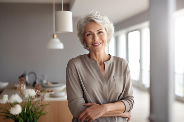 Foto oudere vrouw gelukkige uitdrukking in het nieuwe huis ai gegenereerd