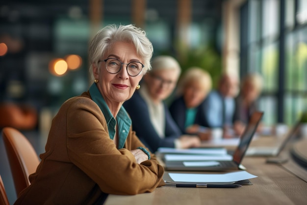 Oudere vrouw geniet van een levendige zakelijke bijeenkomst, verdiept in creatieve plannen