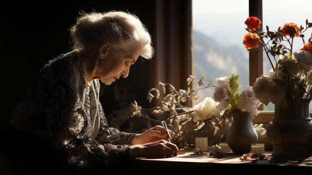 oudere vrouw geniet van tuinieren, zorgt voor haar bloemen en snijdt nieuwe scheuten
