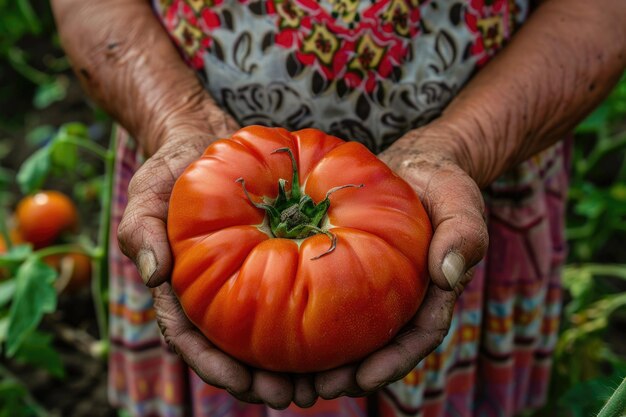 Oudere vrouw houdt een rijpe rode tomaat in haar handen. Huisgebouwde biologische groente oogst.
