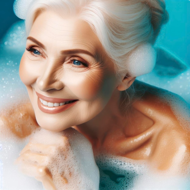 oudere vrouw in bad met schuim en bubbels blauwe heldere achtergrond
