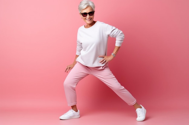 Oudere vrouw in sportkleding die leuke dansbewegingen doet