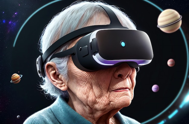 Oudere vrouw in vr-bril tegen de achtergrond van ruimteportret van gepensioneerde in virtual reality