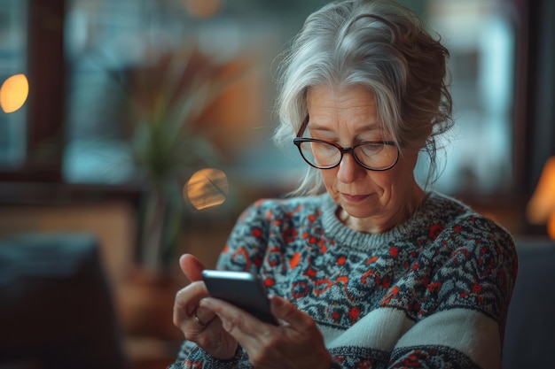 Oudere vrouw kijkt naar haar mobiele telefoon