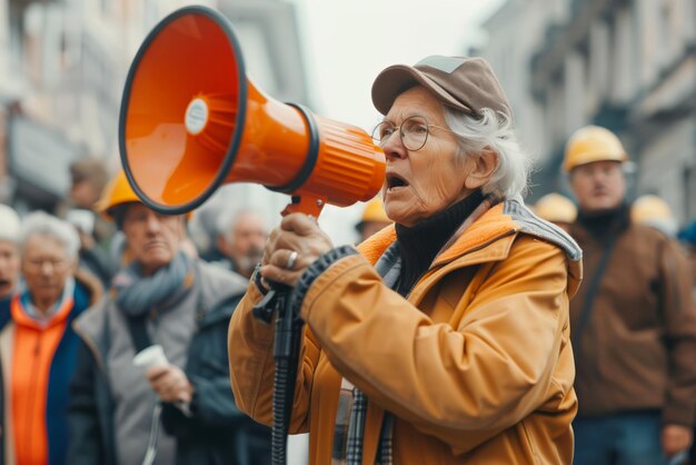 Oudere vrouw leidt een protest met een megafoon op straat