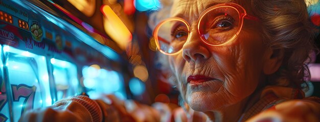 Foto oudere vrouw met een bril die aan een gokmachine speelt, kleurrijke casino lichten die op haar gezicht reflecteren