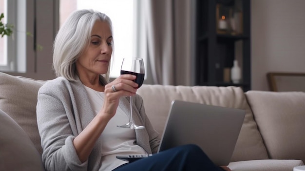 Oudere vrouw met een glas wijn die thuis een laptop gebruikt op een grijze bank Generatieve AI