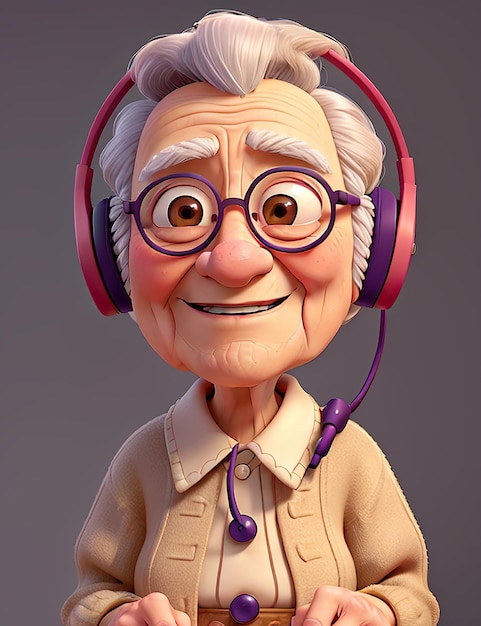 oudere vrouw met grote koptelefoon ronde bril met lichte kleding 3D-beeld