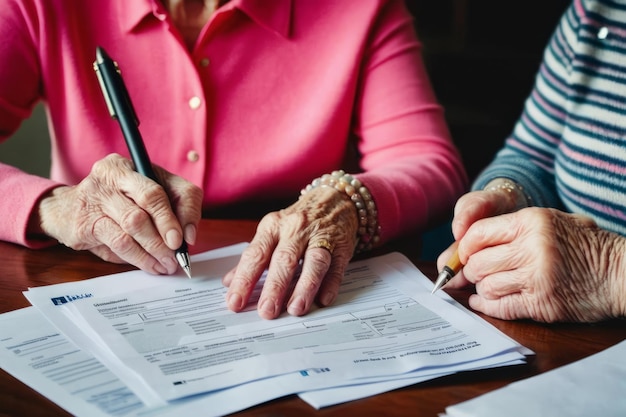 Oudere vrouw met papieren die formulieren invult en rekeningen leest