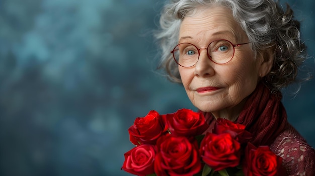Oudere vrouw met rode rozen Een hartverwarmende Valentine39s Day Gebaar Concept Valentine39s day Liefde Oudere rozen Hartverwarmende Gebaar
