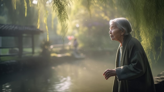 Oudere vrouw met stralende huid die tai chi beoefent in een serene tuin met ochtendnevel yoga