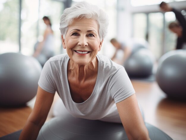 Oudere vrouw oefent op een fitnessbal Concept van actief verouderen