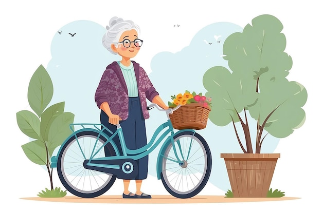 Oudere vrouw of grootmoeder die naast een fiets met een mand staat platte vrouwelijke cartoonpersonage die een fiets vasthoudt oude gelukkige fietser geïsoleerd op witte achtergrond