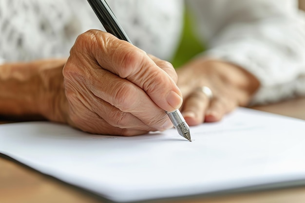 Oudere vrouw ondertekent een document met een pen in de hand