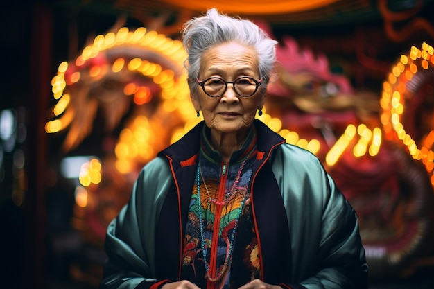 oudere vrouw staande voor een draak standbeeld bokeh stijl achtergrond