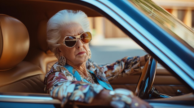 oudere vrouw zit in de bestuurdersstoel van een auto met haar hand stevig op het stuur