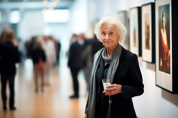 Foto oudere vrouwen in een moderne kunstgalerie kijken naar de schilderijen van kunstenaars generatieve ai-inhoud
