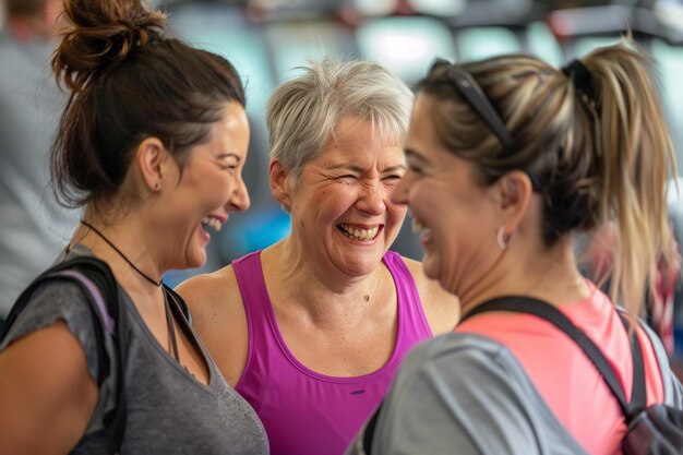 Foto oudere vrouwen lachen samen na een workout met ai gegenereerd