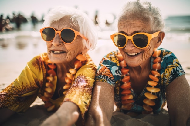 Ouderen genieten van gezelschap op het zonnige zomerstrand