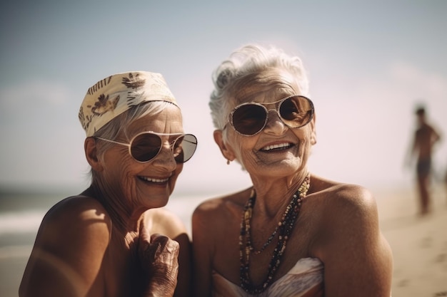 Ouderen genieten van gezelschap op het zonnige zomerstrand