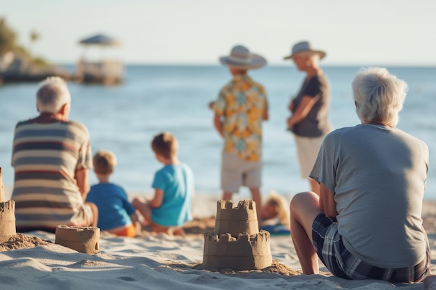 Ouderen kijken naar kinderen die zandkastelen bouwen aan zee.
