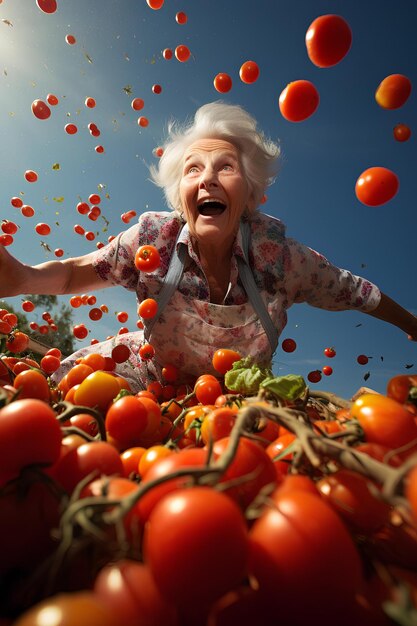 Ouderen lachen in een hagel van rijpe tomaten.