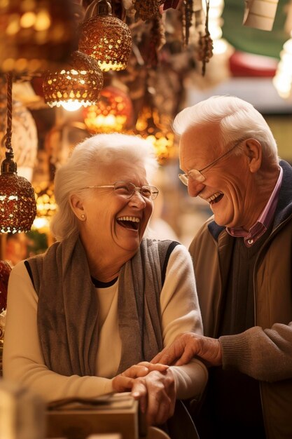 Ouderen met wit haar genieten van een goede tijd in het winkelcentrum Ze lachen gelukkig Avondgesprekken omringd door lichten Mensenconcept