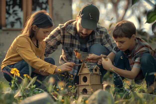 Foto ouders die hun kinderen leren een birdhou te bouwen