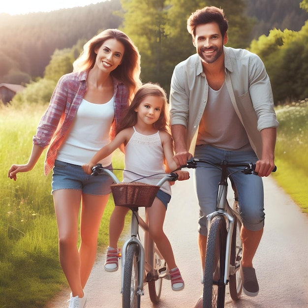 Ouders en dochter hebben een fietstocht op de landweg.