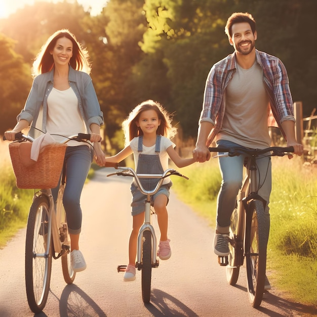 Ouders en dochter hebben een fietstocht op de landweg.