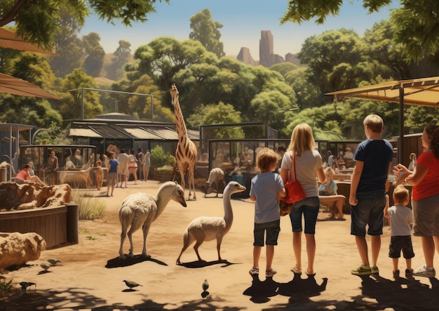 Ouders en kinderen genieten van een kinderboerderij in het park