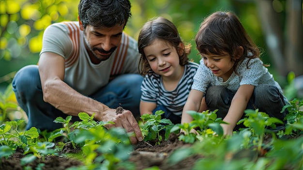 Ouders en kinderen maken samen een tuintje