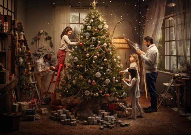 Ouders en kinderen versieren samen de kerstboom