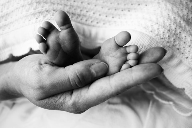 Ouders39 handpalmen vader en moeder houden de benen van een pasgeboren baby voeten van een pasgeborene in de handen van ouders foto van de voet, hielen en tenen zwart-wit studio macro-opname