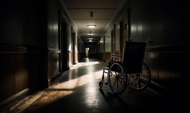 Ouderwetse rolstoel in de ziekenhuisgang Verlaten gebouw met verlaten kamers Generatieve AI