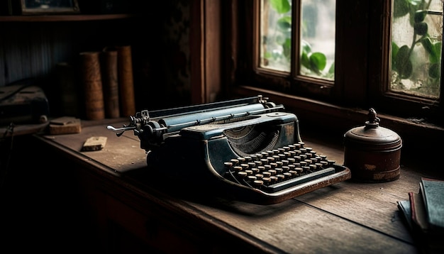 Ouderwetse typemachine op houten tafel, een nostalgische auteur antiek gegenereerd door kunstmatige intelligentie