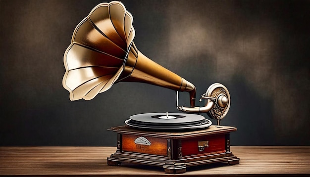 Foto oudgemaakte grammofoon en metalen draaitafel op de voorgrond