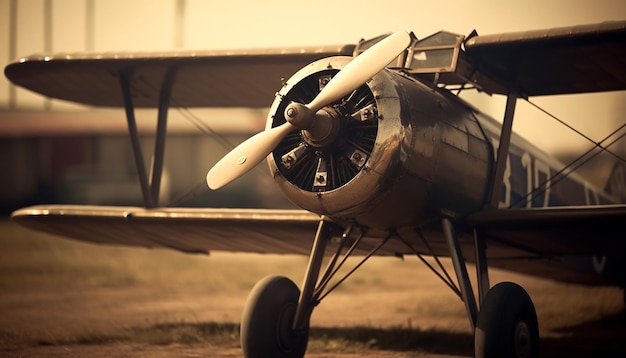 Foto oudmodieus militair vliegtuig met propeller en stalen vliegvleugel dat buiten vliegt gegenereerd door ai