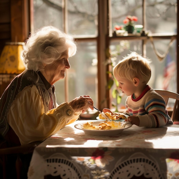 Ouma en kleindochter baby samen zorgen en genieten van de lunch thuis in het vensterlicht Concept van familie en verschillende leeftijden mensen in binnenshuise vrijetijdsactiviteiten Gezonde levensstijl dame