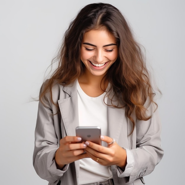 oung adult smiling happy pretty woman holding mobile phone Generative AI