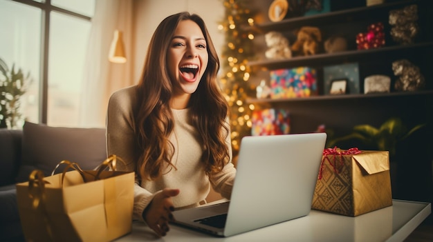 oung beautiful woman with laptop celebrating success