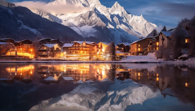 ount mont blanc covered in the snow reflecting on the water in the evening in chamonix france