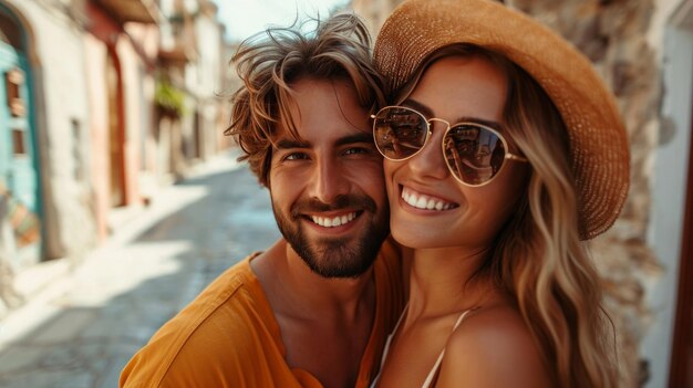 ouple in love embarrassing and posing on the street on holiday