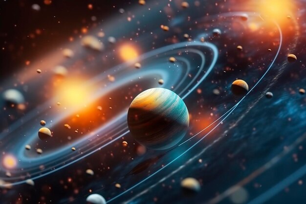 軌道上に惑星がある私たちの 3D 太陽系 AI 生成