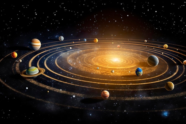 Our 3d Solar system with planets in orbits path