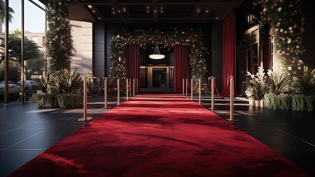 Наш голливудский дизайн красной ковровой дорожки — воплощение гламура, отличающийся изысканным и стильным декором и ослепительным освещением. Сгенерировано искусственным интеллектом.