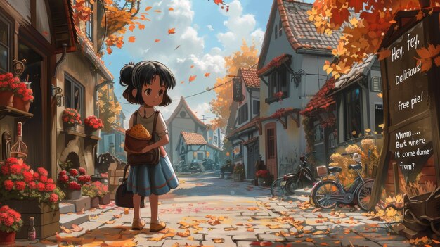 Our lovely girl Lulu wondering in a morning in her town Fantastic Cartoon Style Wallpaper Background Scene Design